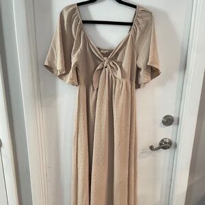 Pinkblush Cream Textured Dot Front Tie Ruffle Sleeve Midi Dress Smocked back